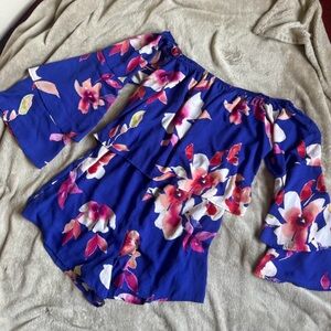 Floral Off-Shoulder Blue Romper